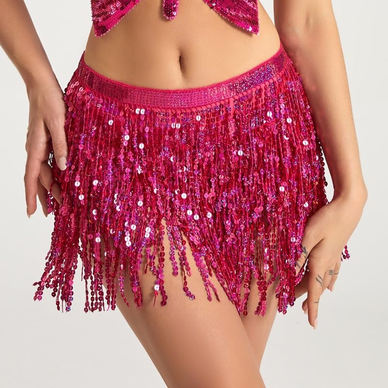 *daisysboutique* Women Belly Dance Skirt Fringe Skirts Sparkly Sequin Hip Scarf Party Costume (One Size, 1 Piece Rose) - Image 5